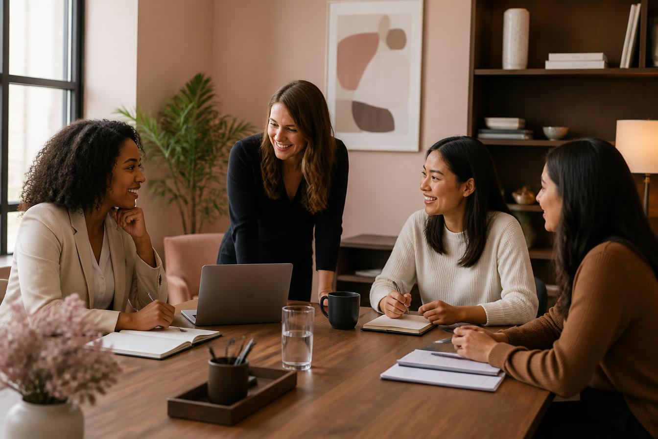 Colleagues collaborating in a warm, modern office